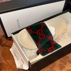 Gucci Velvet Gross Grain Cream Red & Green Velvet Slides Shoes 39 9